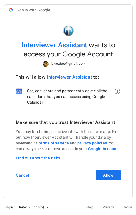 Allow Interviewer Assistant to Access Google Calendar